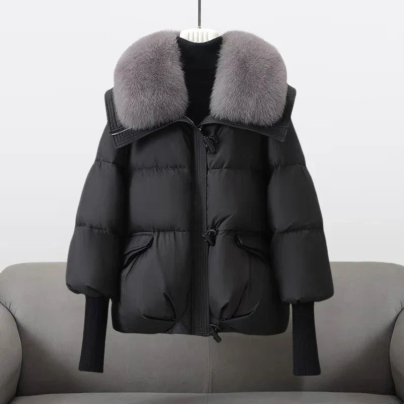 Arctic Luxe - Elegant Puffer Jacket with Faux Fur Collar